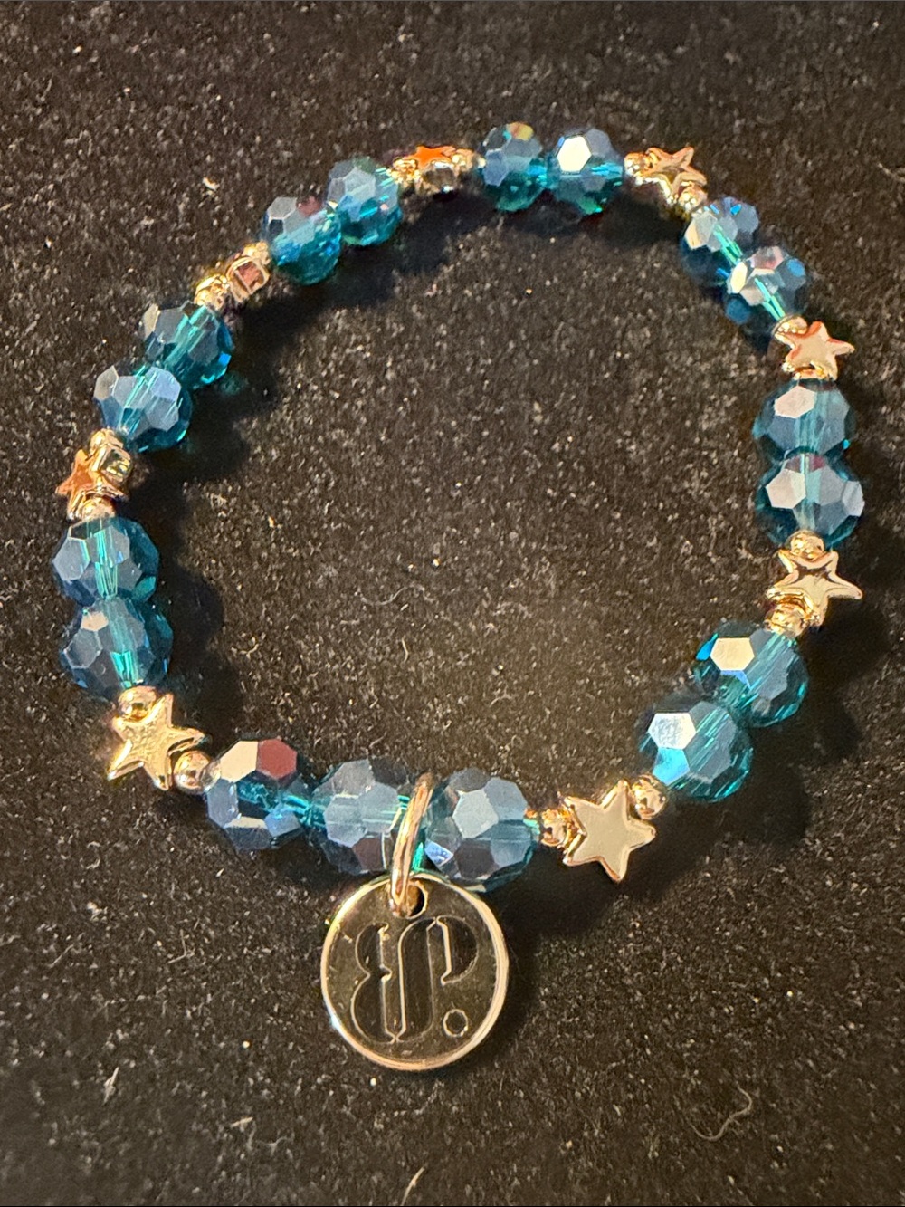 Bomb PartyBlue Crystal Beaded Bracelet with Star Accents and Round Initial Charm